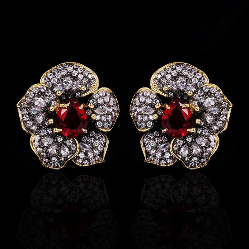 Exquisitely Inlaid Colored Ruby Rose Flower Earrings - 925 Sterling SilverEarrings
