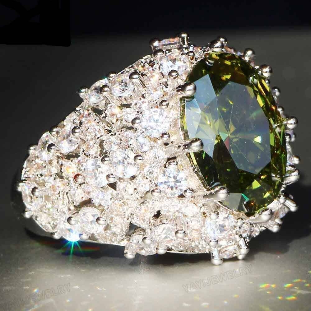 Princess Cut Huge Green Peridot Ring - 925 Sterling SilverRing
