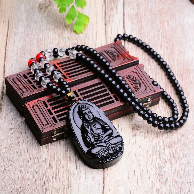 Black Obsidian Carved Buddha Lucky Amulet Pendant NecklaceNecklace