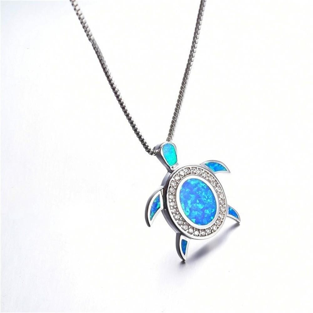 Blue Fire Opal Silver Turtle Pendant NecklaceNecklace
