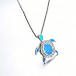 Blue Fire Opal Silver Turtle Pendant NecklaceNecklace