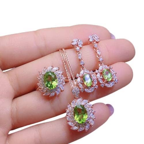 Luxury Party Rose Gold Olive Green Peridot Crystal Jewelry SetNecklace