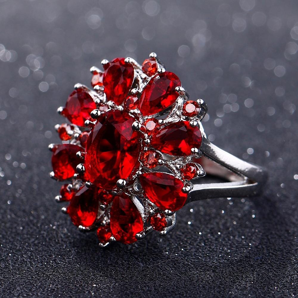 Scarlet Garnet Flower Ring - 925 Sterling SilverRing