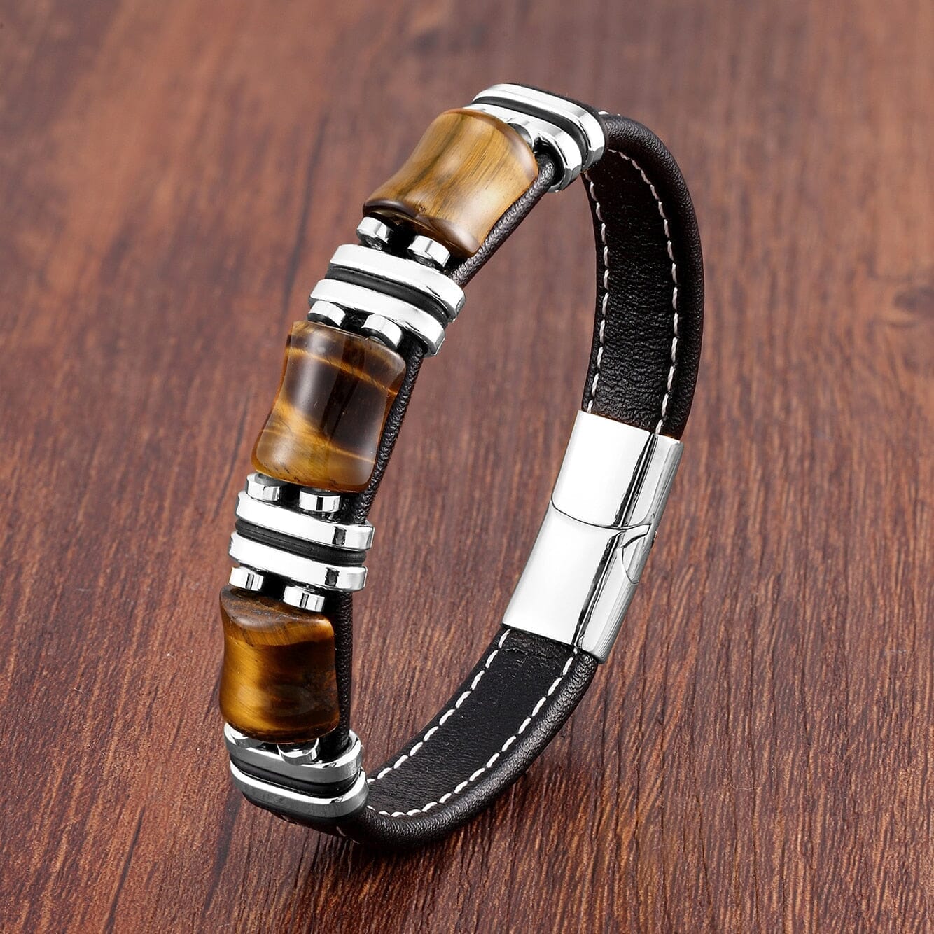 Natural Tiger Eye Stone Bracelet in Black Leather Rope ChainBraceletSilver-Tiger Eye19cm