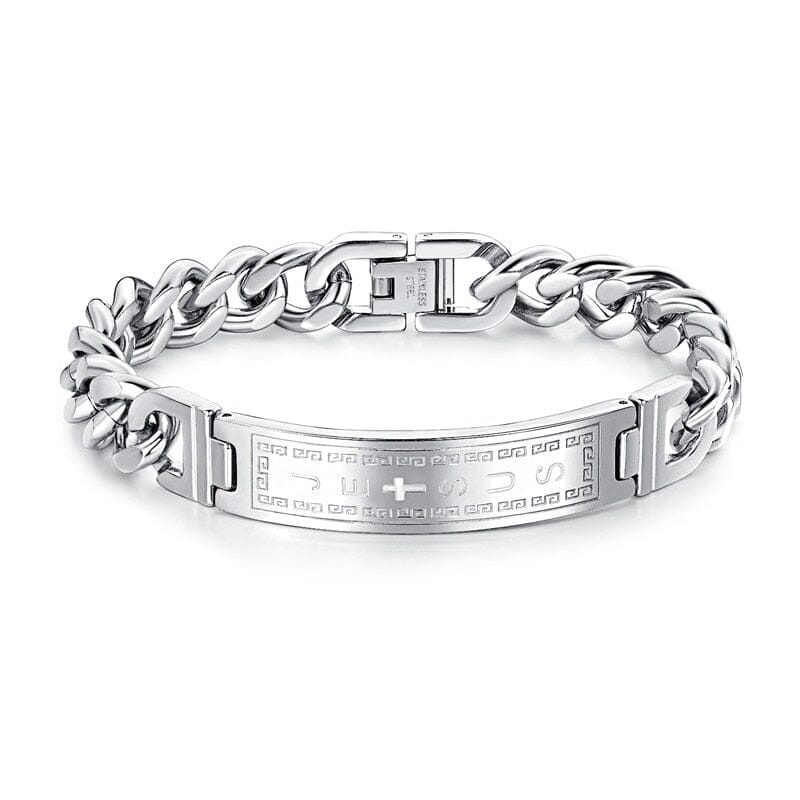 Cross WWJD Stainless Steel Wristband BraceletsBraceletSilver
