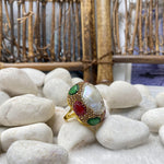 Hand-pointed Diamond Wrapping Ruby and Emerald Freshwater Pearl RingRing