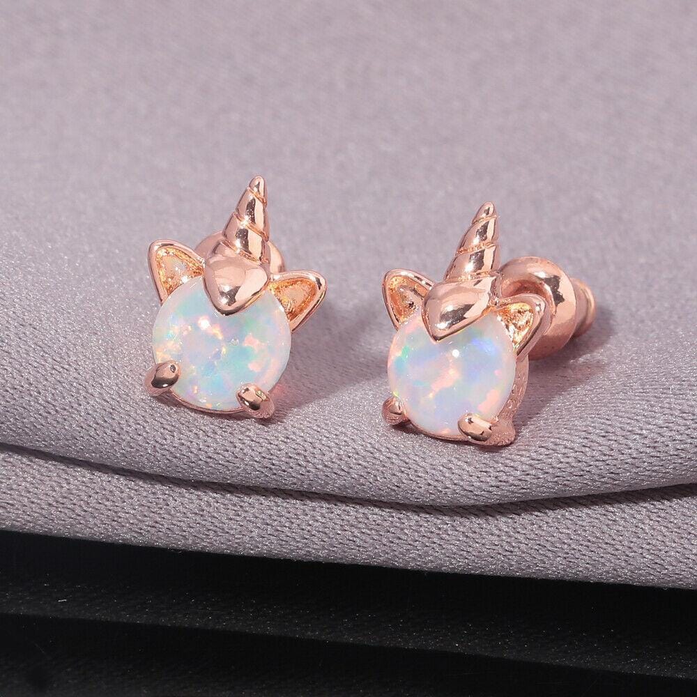 White Fire Opal Unicorn Stud EarringsEarrings