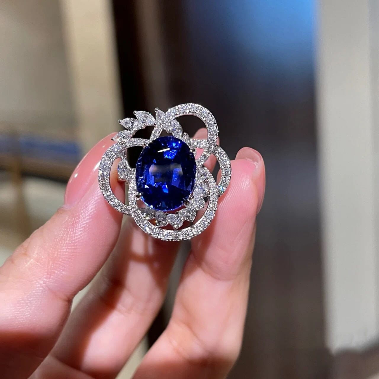 Luxury Oval Blue Flower Sapphire Resizable RingRing