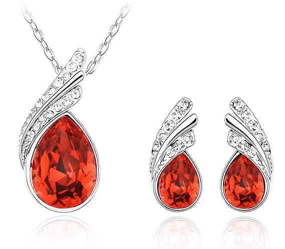 Austria Crystal Water Drop Leaves - A Pair of Earrings and a Necklace - Free ShippingEarringsSilver Red