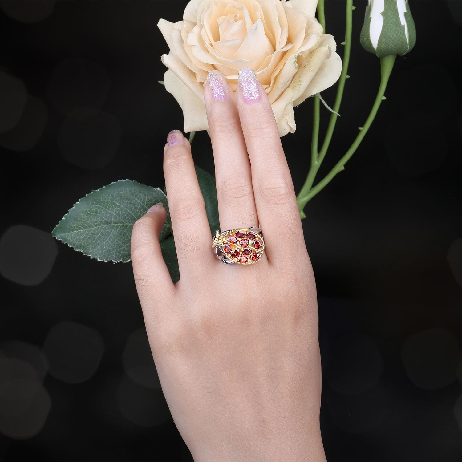 Pomegranate Leaf Red Ruby Gemstone Ring - 925 Sterling SilverRing