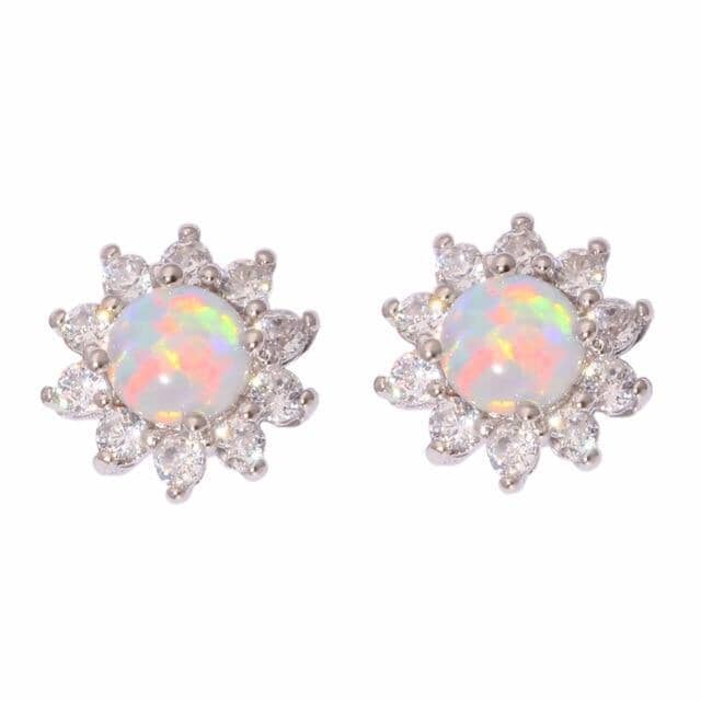 Green & White Round Fire Opal Sunflower Stud Earrings - 925 Sterling SilverEarringsWhite