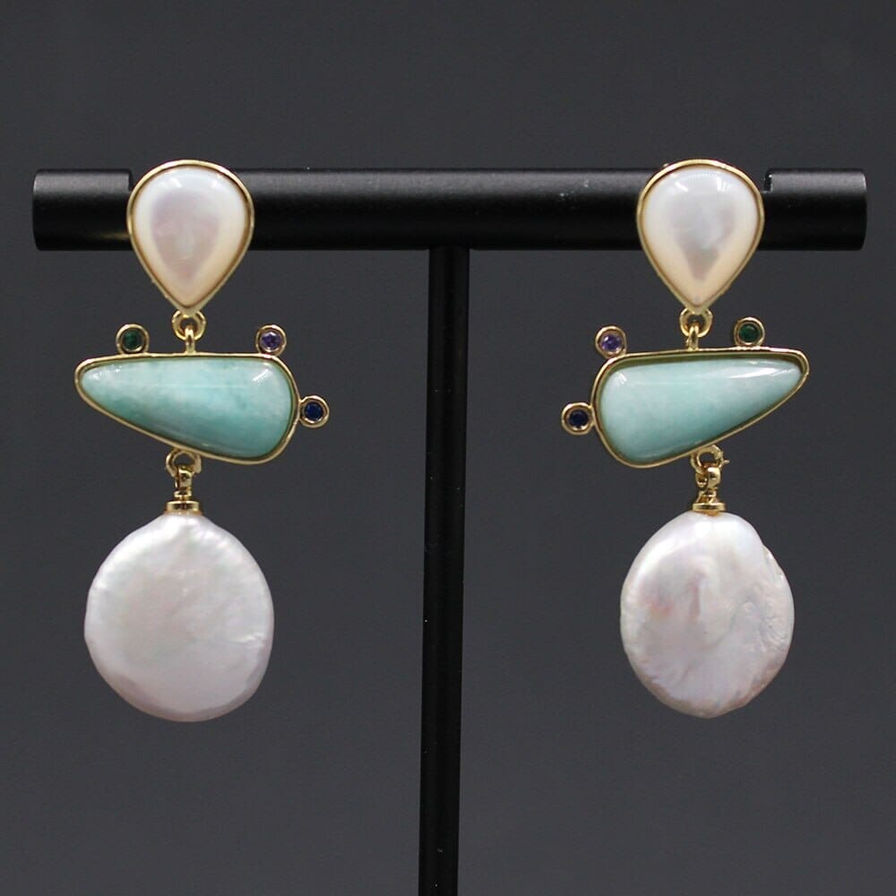 Freshwater White Coin Pearl Aventurine White Shell Dangle Stud EarringsEarrings