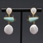 Freshwater White Coin Pearl Aventurine White Shell Dangle Stud EarringsEarrings