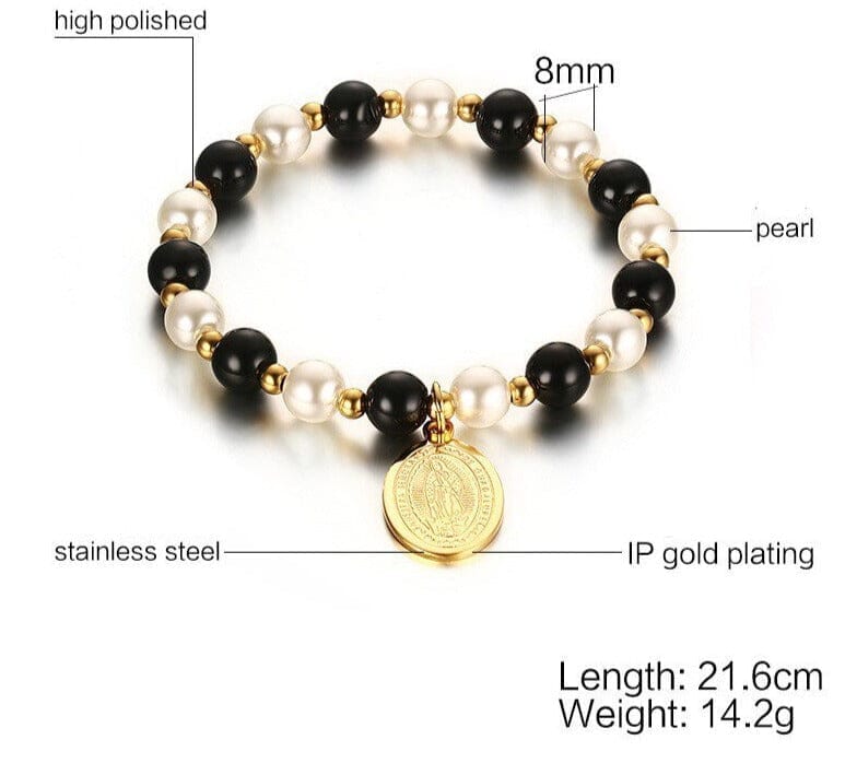 8mm Stainless Steel WWJD Saint Mary's Black Beads BraceletBracelet