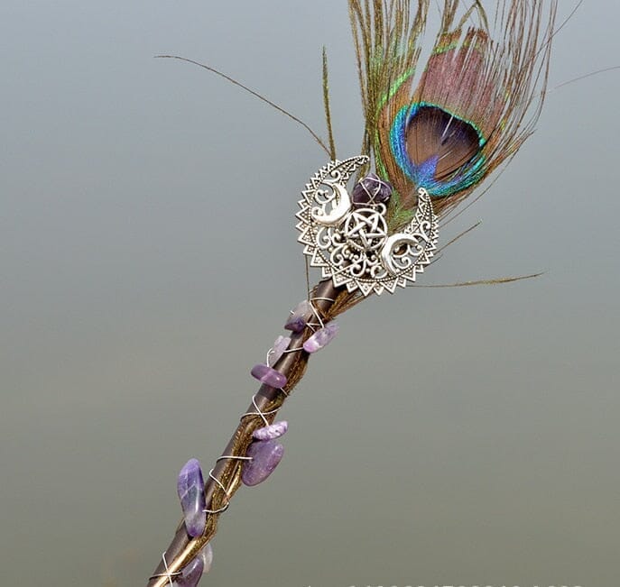 Crystal Wand Natural quartz Moon Viking Dragon Feather WandWandfeather