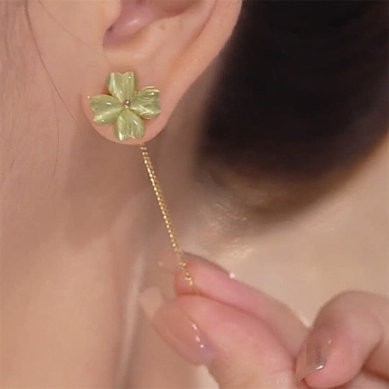 Exquisite Jade Clover Long Tassel Earrings - 925 Sterling SilverEarrings
