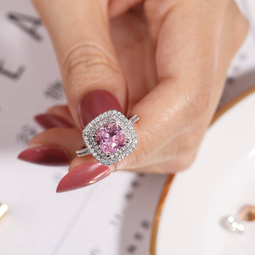4ct Square Pink Sapphire Ring - 925 Sterling SilverRing