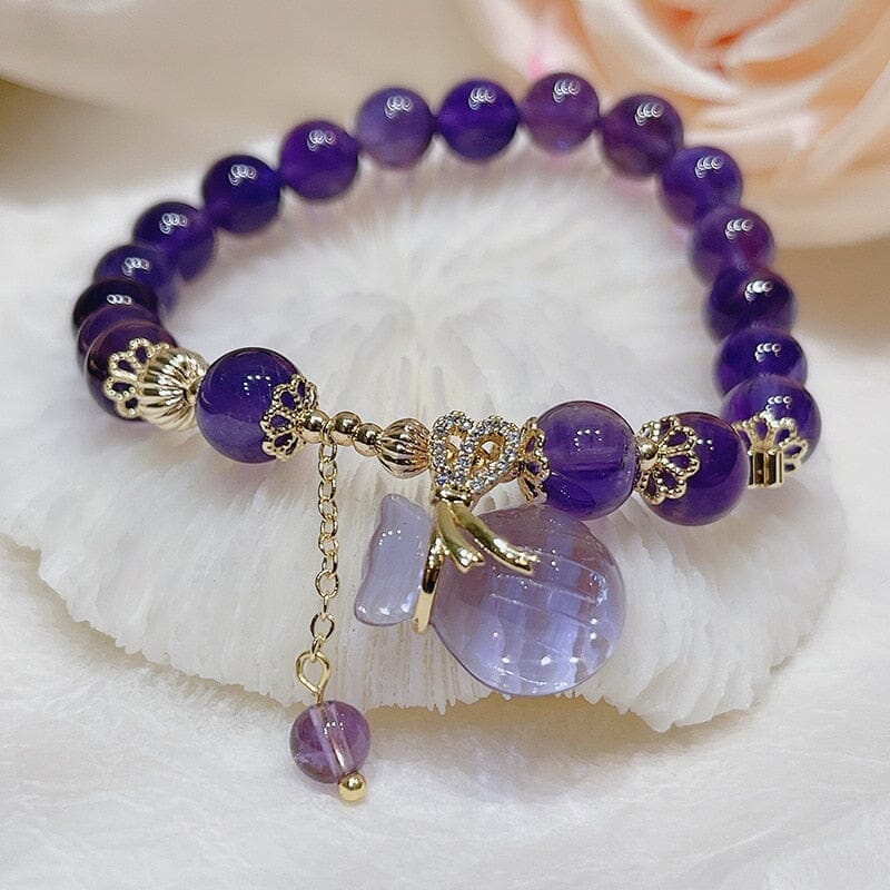 Lucky Bag Round Ring Charm Natural Amethyst Beaded BraceletBracelet