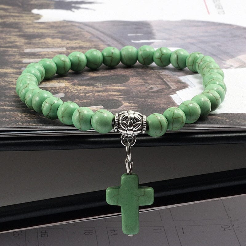 WWJD Vintage Cross Natural Stone 6mm Beads BraceletBraceletGreen17cm
