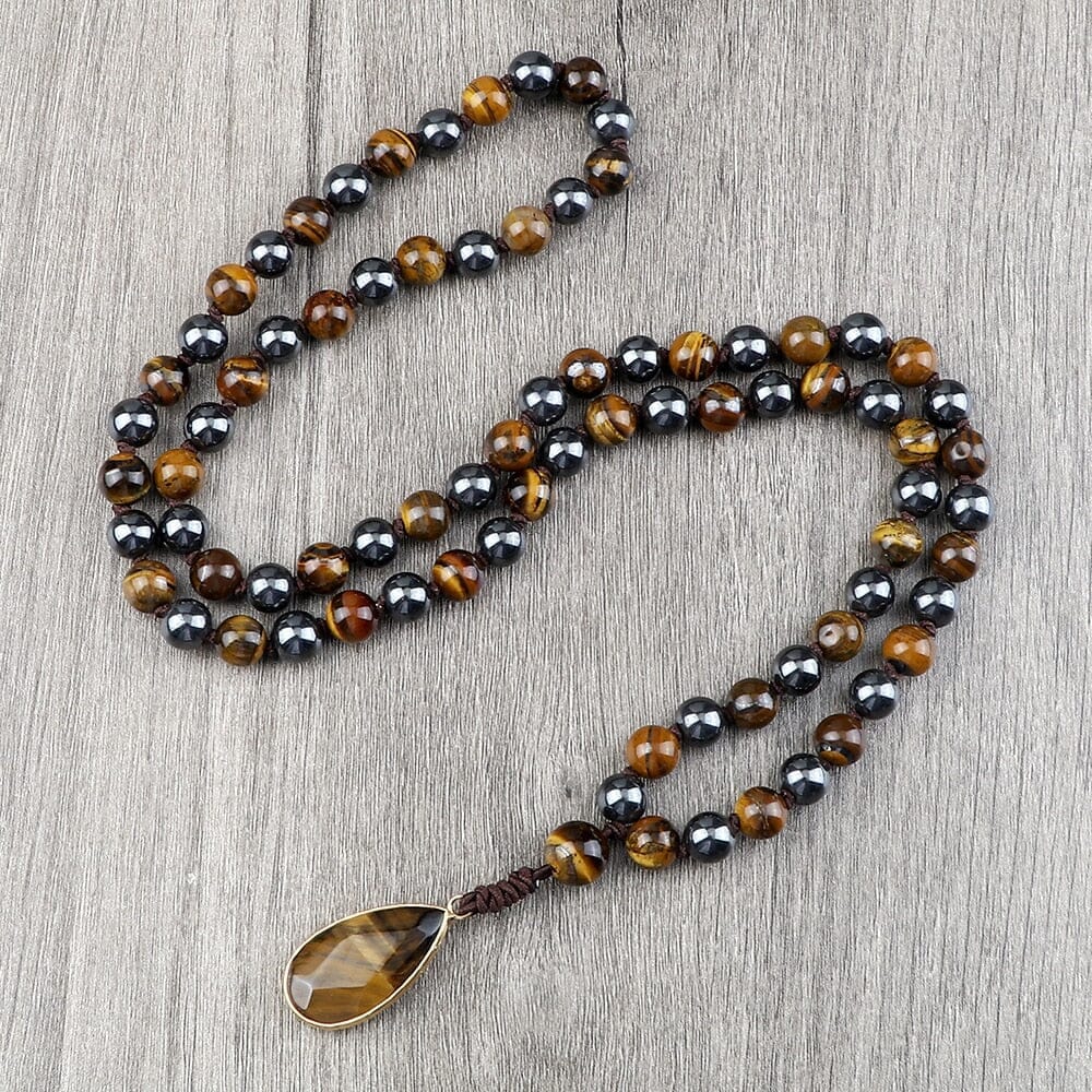 8mm Tiger Eye Stone Necklace Drop Pendant Handmade Knotted Irregular Hematite Beaded NecklaceNecklaceBall Hematite