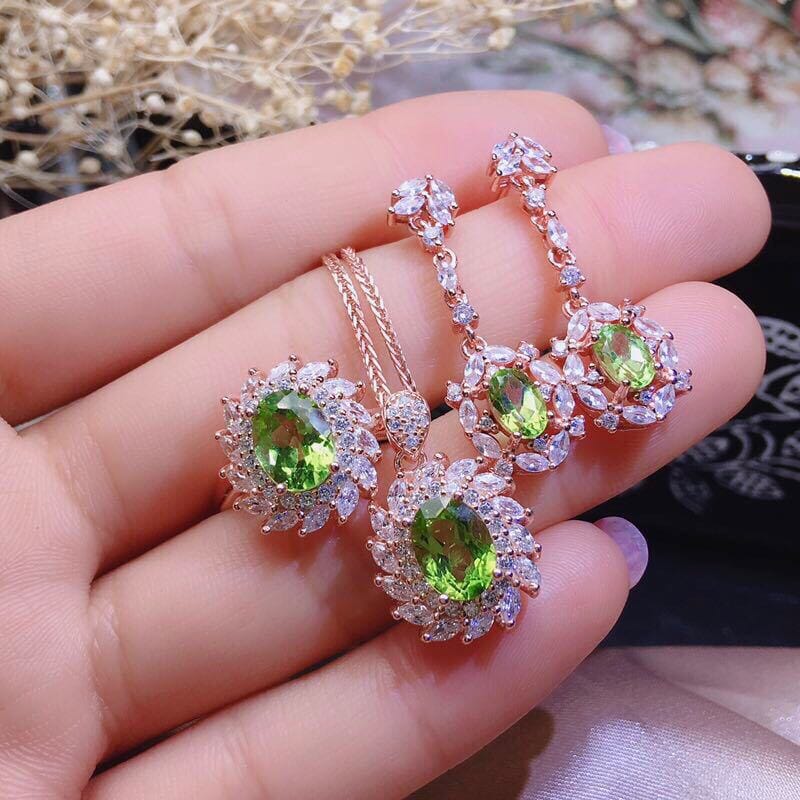 Luxury Party Rose Gold Olive Green Peridot Crystal Jewelry SetNecklace