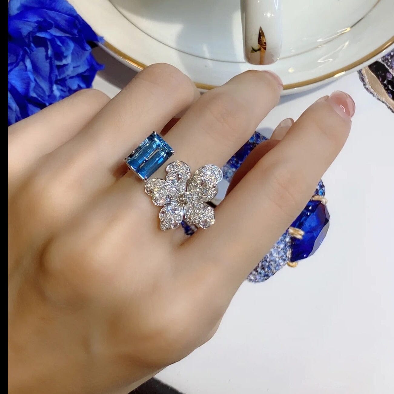 Luxury Floral Dark Blue Sapphire Adjustable RingRing