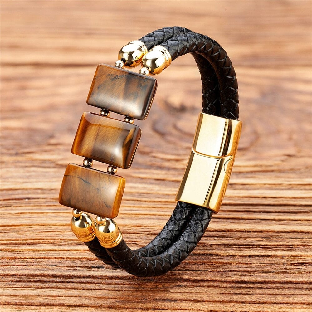 Luxury Stainless Steel Leather Natural Tiger Eye Stone BraceletBracelet