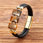 Luxury Stainless Steel Leather Natural Tiger Eye Stone BraceletBracelet