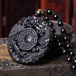 Natural Black Obsidian Hand Carved Chinese Dragon Phoenix BaGua Lucky AmuletNecklace
