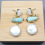 Freshwater White Coin Pearl Aventurine White Shell Dangle Stud EarringsEarrings