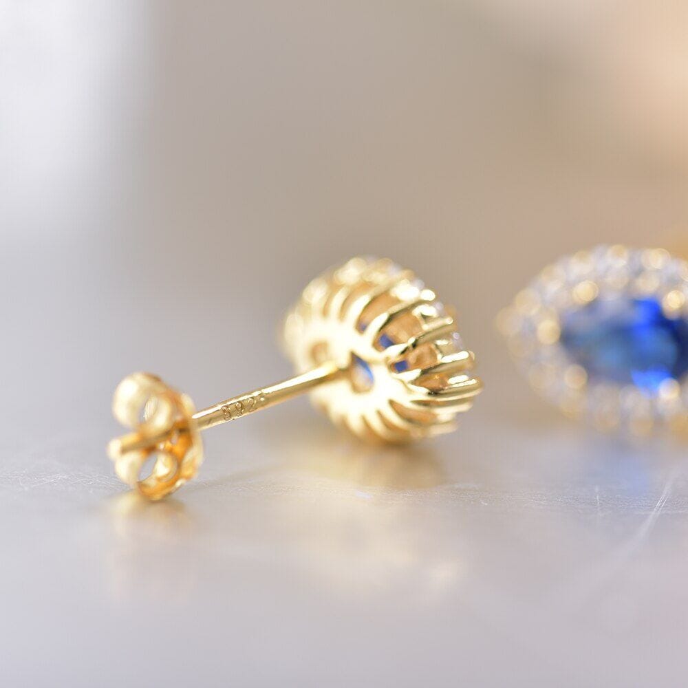 Halo Princess Sapphire Stud Earrings - 925 Sterling SilverEarrings