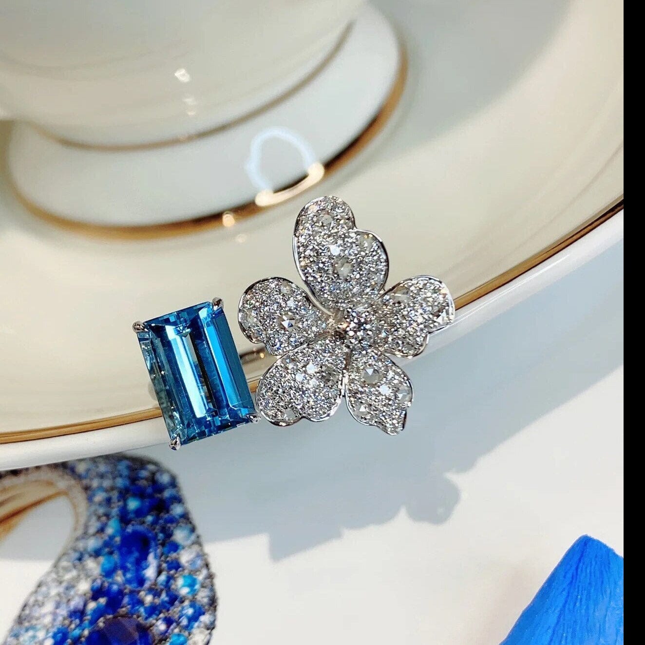 Luxury Floral Dark Blue Sapphire Adjustable RingRing