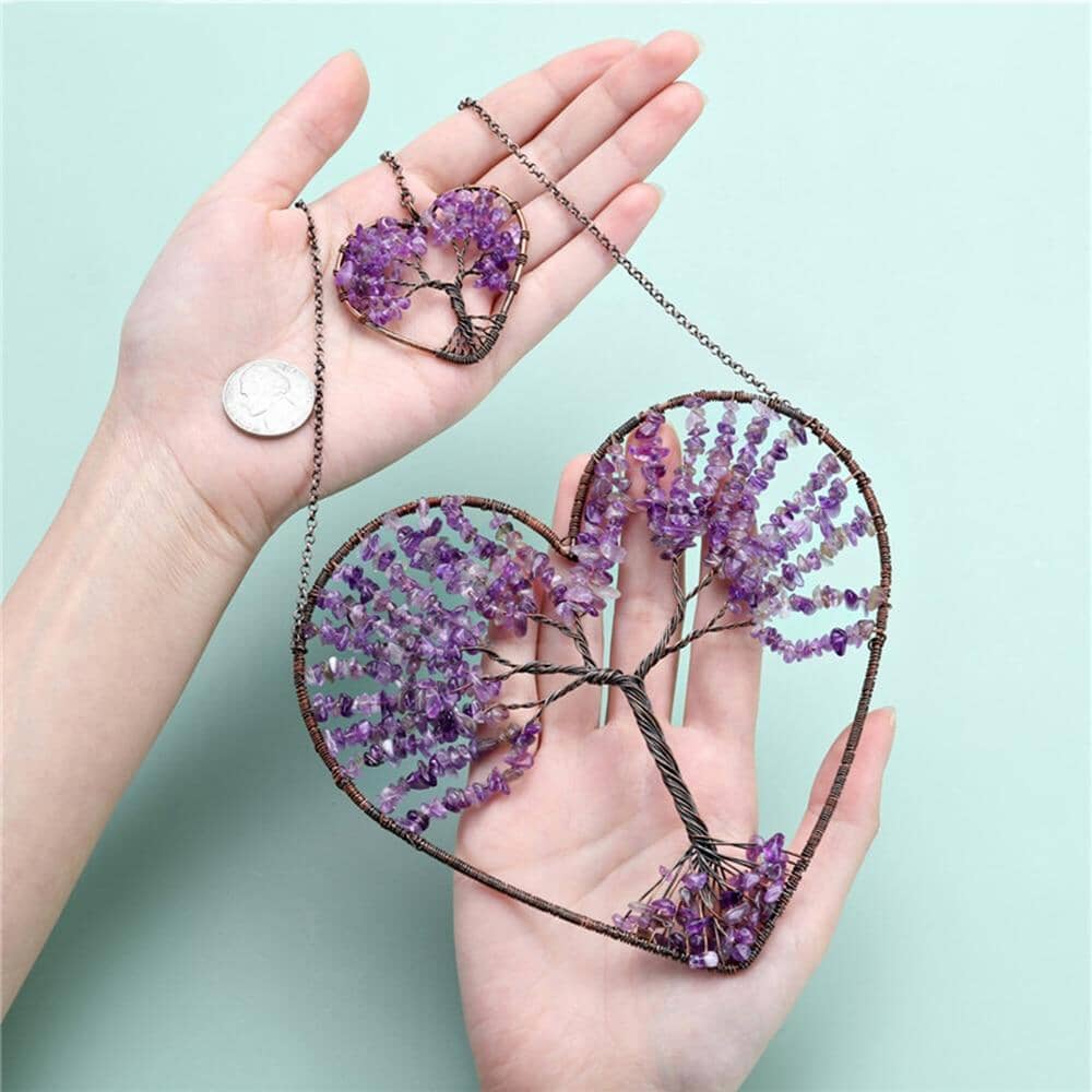 Natural Gemstone Tree of Life Feng Shui Heart Hanging OrnamentHome Decor