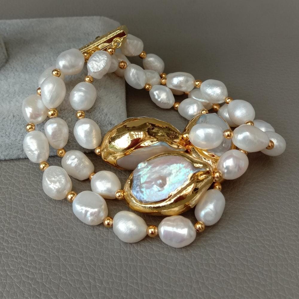 Rows Cultured White Baroque Freshwater Pearl Handmade BraceletBracelet
