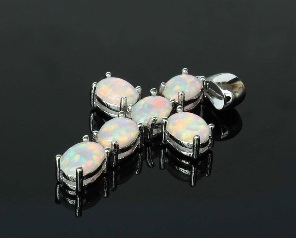 White & Blue Fire Opal Cross PendantNecklace