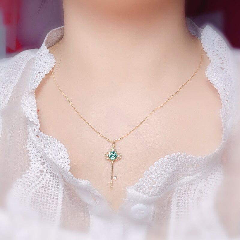 6.5MM Green Moissanite Key 925 Sterling Silver NecklaceNecklace