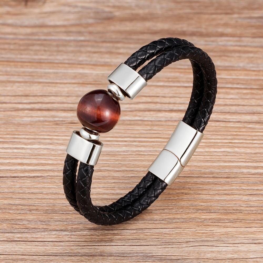 Classic Double Genuine Natural Round Tiger Eye Stone Leather BraceletBraceletRed Tiger Eye-Silver19cm
