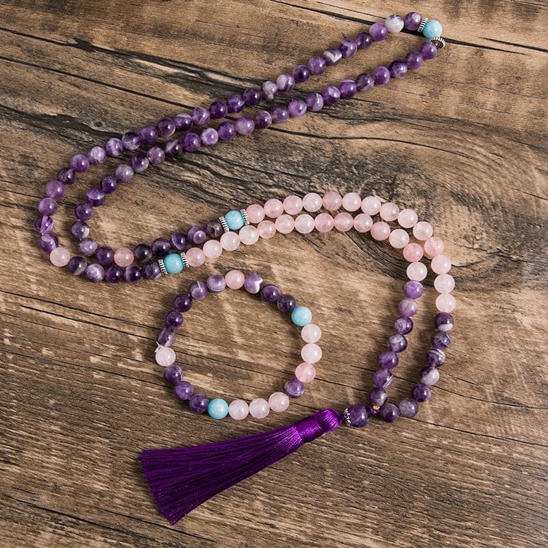8MM Natural Amethyst Rose Quartz Mala Tassel Pendant Necklace and BraceletJewelry SetNecklace and Bracelet