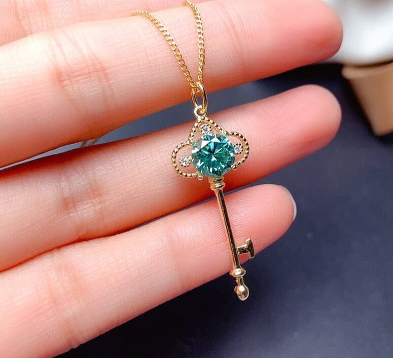 6.5MM Green Moissanite Key 925 Sterling Silver NecklaceNecklace