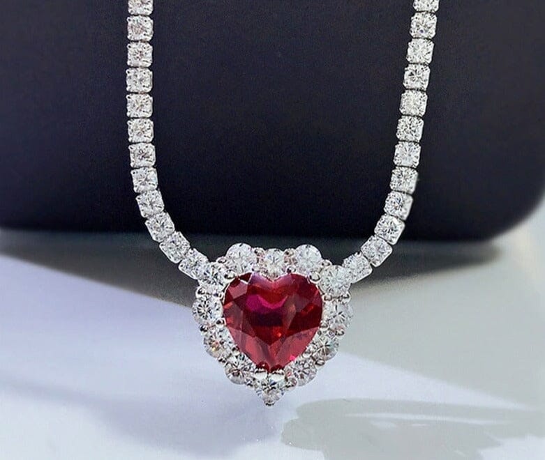 8*8mm Heart Ruby Diamond Pendant 925 Sterling Silver NecklaceNecklace