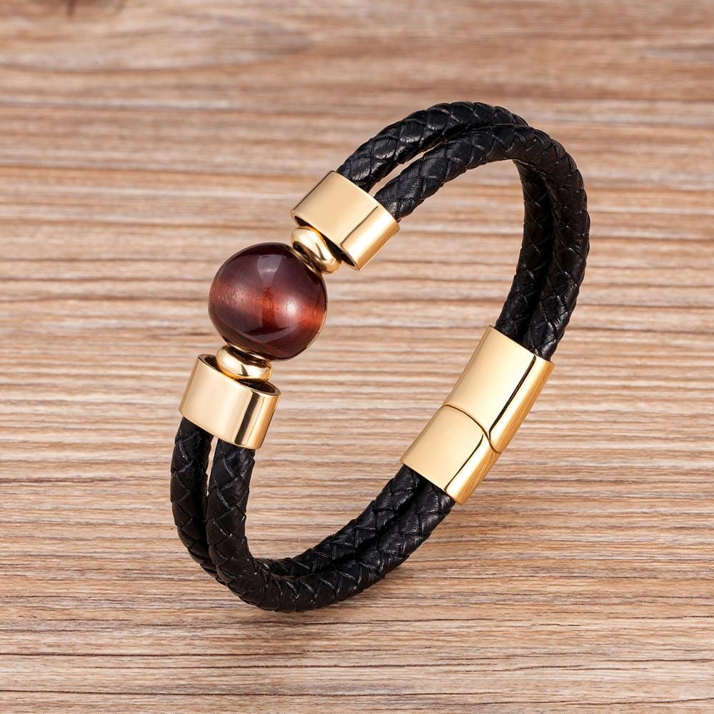 Classic Double Genuine Natural Round Tiger Eye Stone Leather BraceletBraceletRed Tiger Eye -Gold19cm