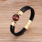 Classic Double Genuine Natural Round Tiger Eye Stone Leather BraceletBraceletRed Tiger Eye -Gold19cm