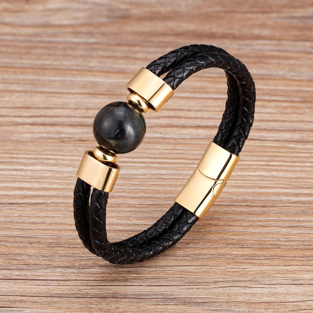 Classic Double Genuine Natural Round Tiger Eye Stone Leather BraceletBraceletBlueTiger Eye-Gold19cm