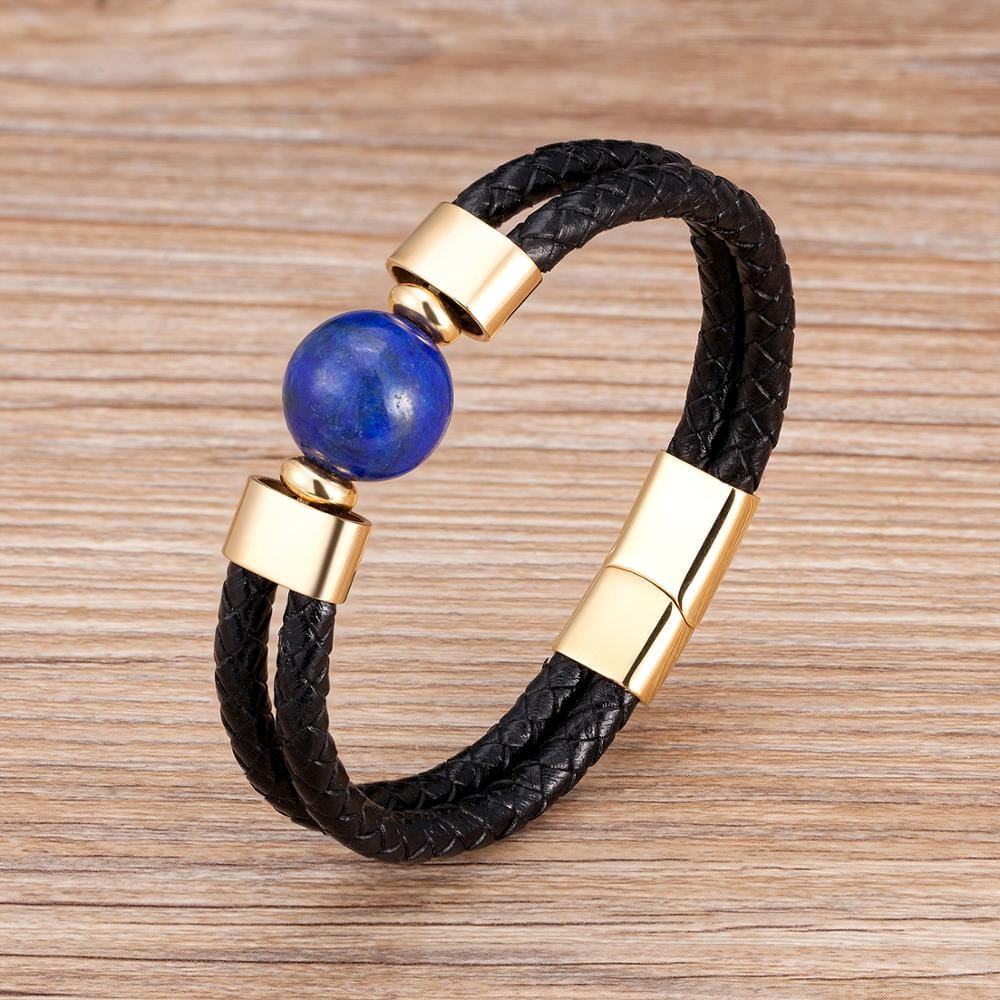 Classic Double Genuine Natural Round Tiger Eye Stone Leather BraceletBraceletLapis-Gold19cm