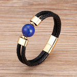 Classic Double Genuine Natural Round Tiger Eye Stone Leather BraceletBraceletLapis-Gold19cm