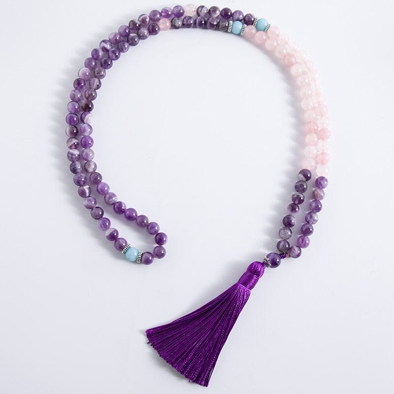 8MM Natural Amethyst Rose Quartz Mala Tassel Pendant Necklace and BraceletJewelry SetNecklace Only
