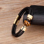 Classic Double Genuine Natural Round Tiger Eye Stone Leather BraceletBraceletTiger Eye -Gold19cm