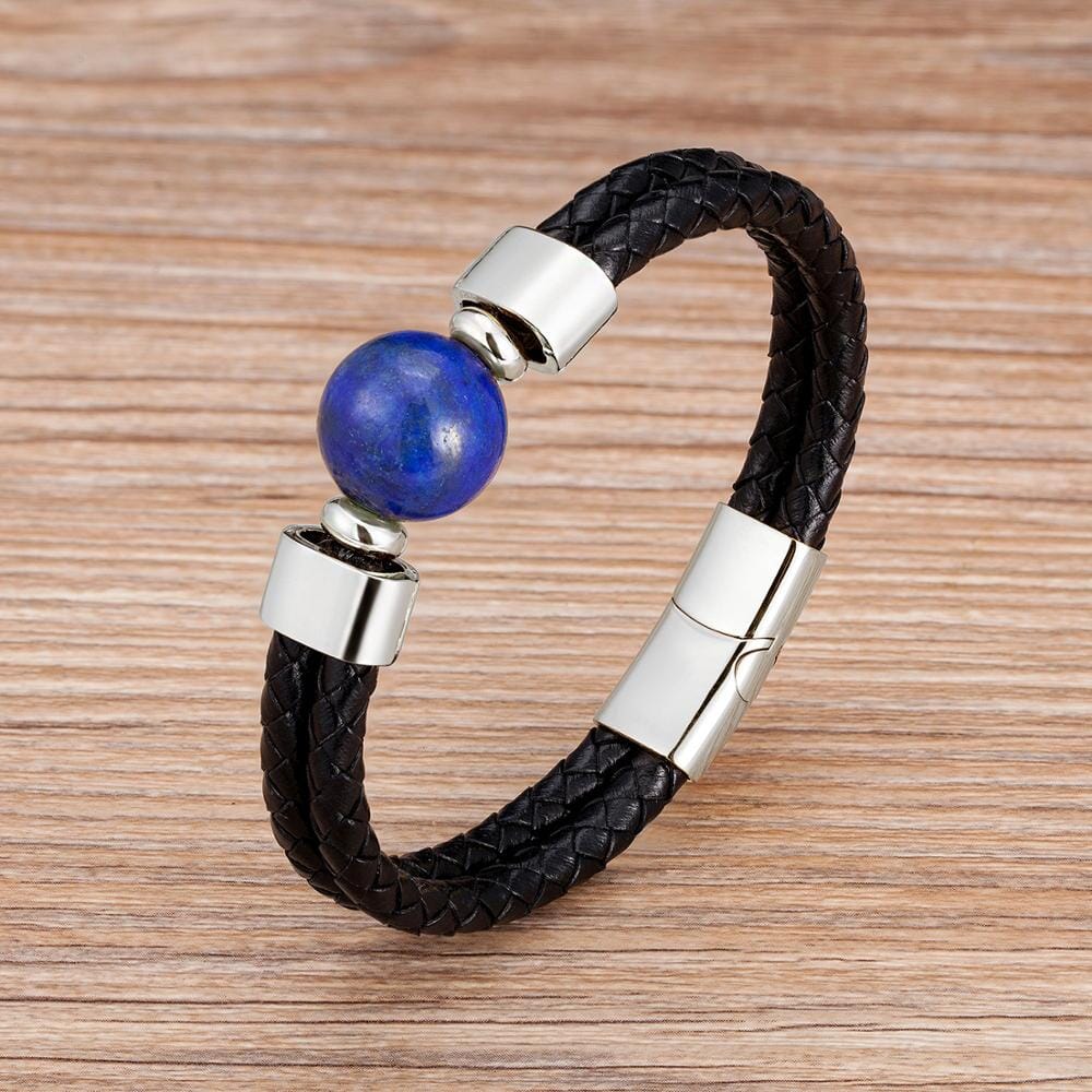 Classic Double Genuine Natural Round Tiger Eye Stone Leather BraceletBracelet