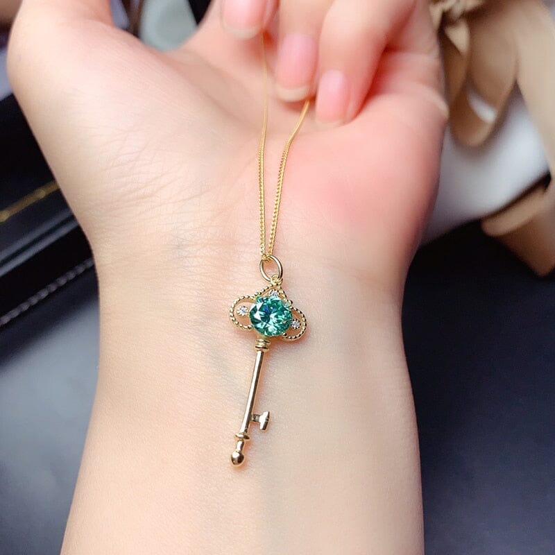 6.5MM Green Moissanite Key 925 Sterling Silver NecklaceNecklace