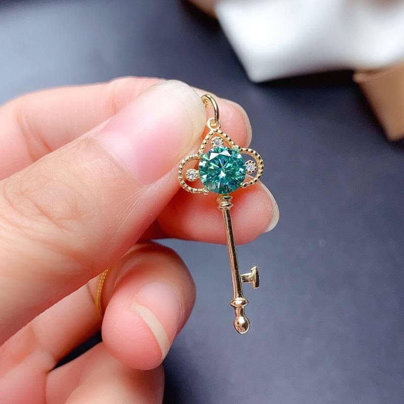 6.5MM Green Moissanite Key 925 Sterling Silver NecklaceNecklace